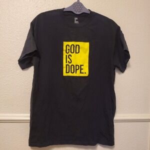 God Is Dope Mens Graphic T-Shirt Black Yellow Box Logo Ringspun Cotton Size M